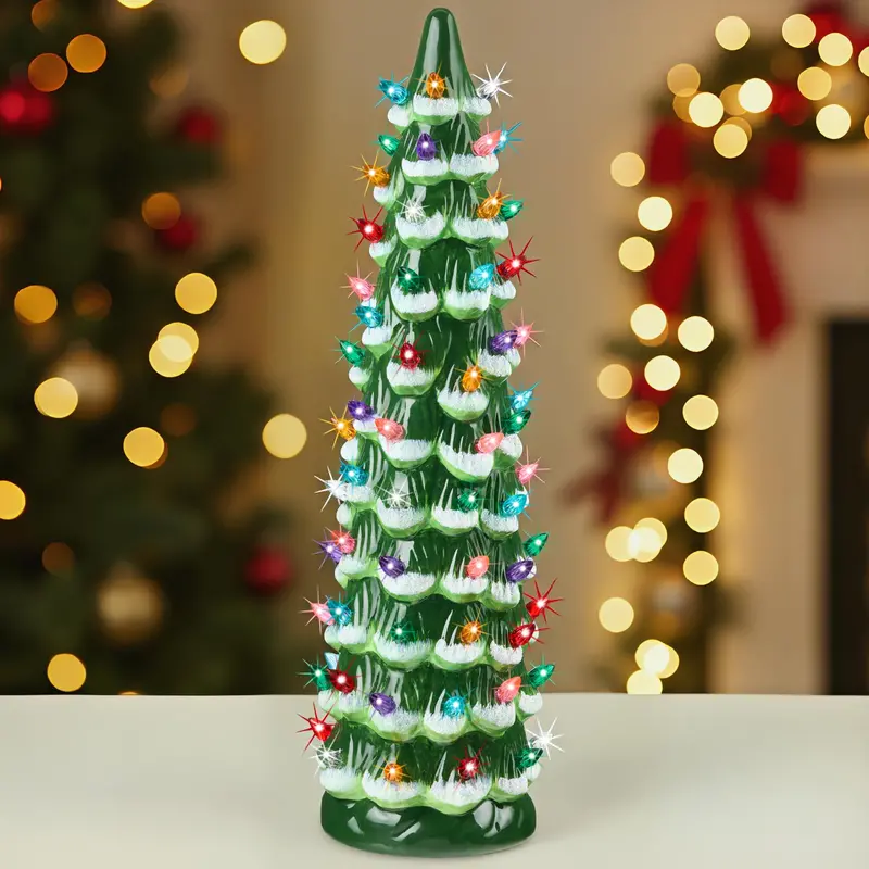 15-Inch Hand-Painted Ceramic Holiday Tree Featuring Integrated LED Lighting