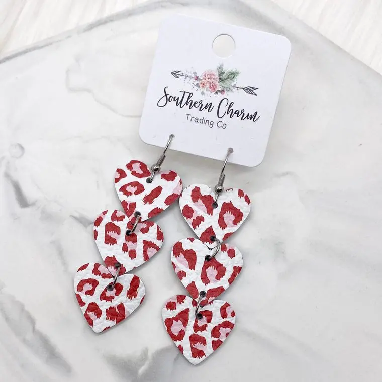 2.5-Inch Red and Pink Leopard-Print Leather Heart Drop Earrings