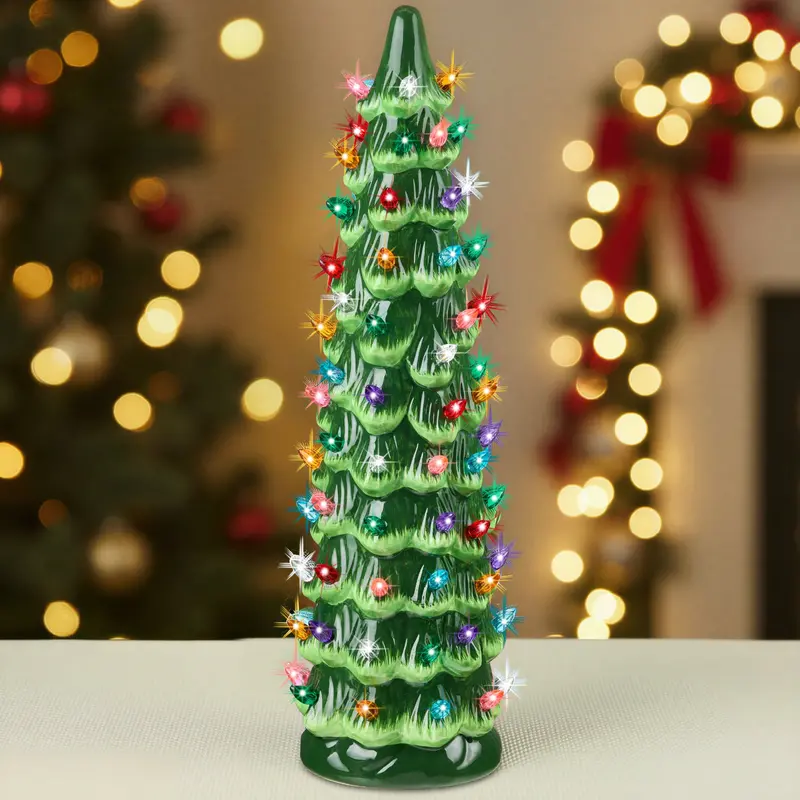 21-Inch Hand-Painted Ceramic Christmas Tree with Warm LED Lights