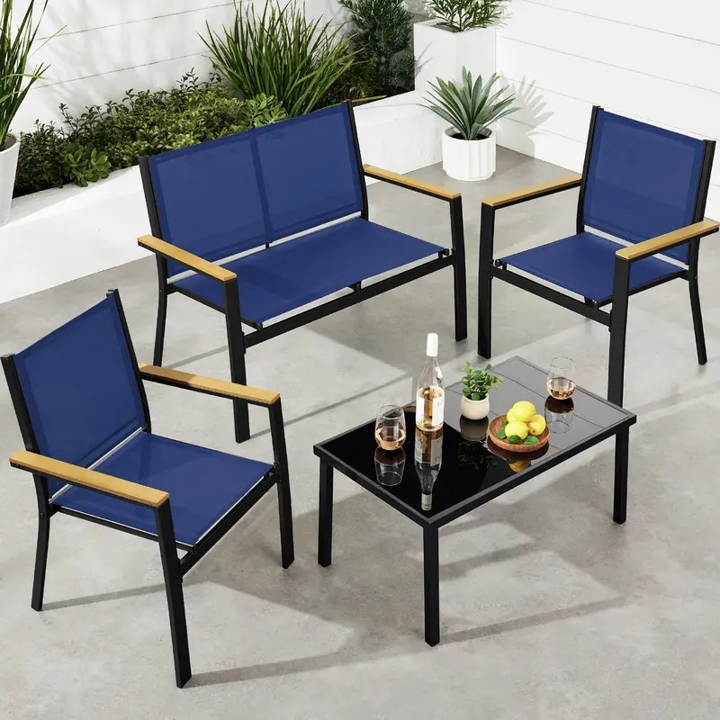 4-Piece Textilene Outdoor Conversation Set with Cushioned Seating and Center Table