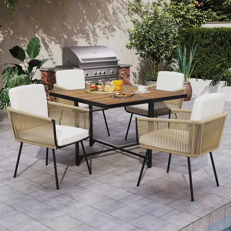 5-Piece Acacia Wood Patio Dining Set – Rustic Outdoor Table and Chair Ensemble