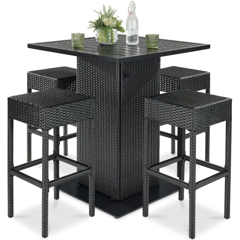 5-Piece Wicker Bar Set Featuring Four Swivel Stools, Hidden Storage, and Built-In Bottle Opener