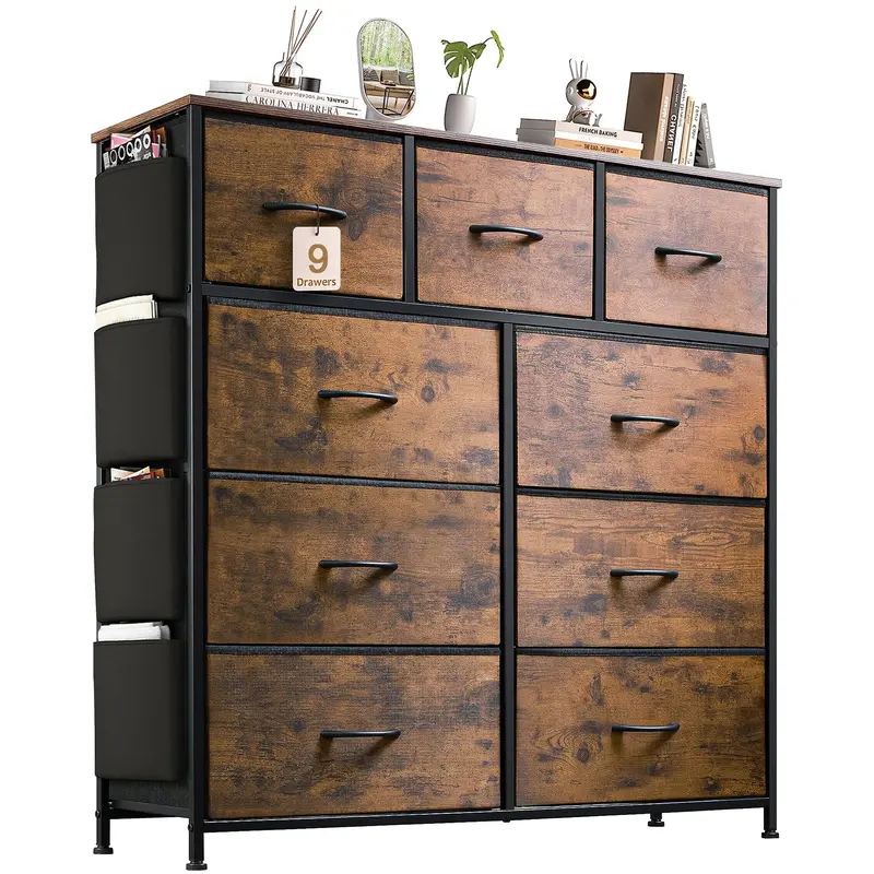 9-Drawer Fabric Dresser with Side Pockets and Hooks – Bedroom Storage Organizer