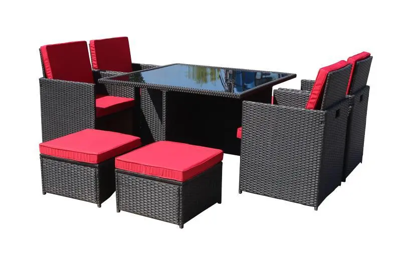 9-Piece Brown & Red Outdoor Dining Set – Weather-Resistant Patio Furniture Ensemble