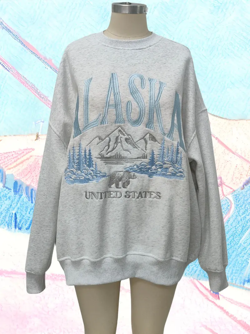 Alaska-Themed Embroidered Crewneck Sweatshirt – Heather Gray by Sunkissed Coconut