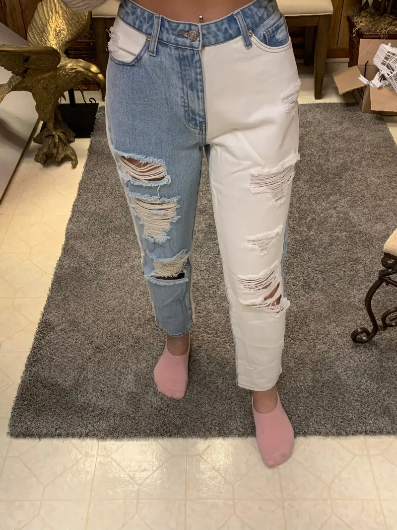 American Bazi Slim-Fit Blue-and-White Color-Block Jeans