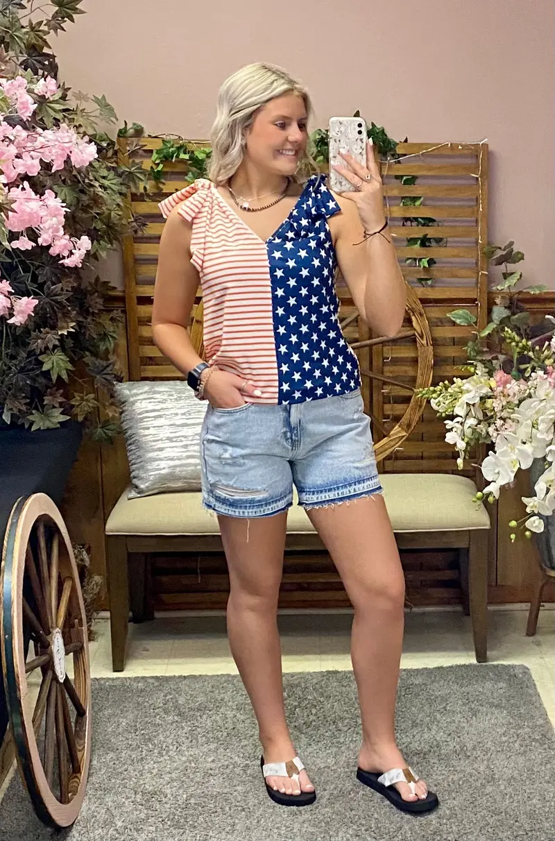 American Flag Graphic Top with Tie-Shoulder Detail