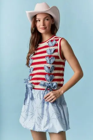 American Flag–Print Knit Vest with Denim Tie Accent