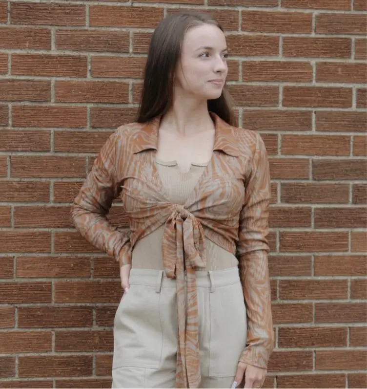 Animal Print Crop Top with Tie-Front Collar