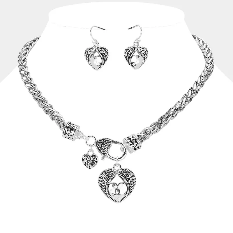 Antique-Style Heart and Angel Wing Toggle Pendant Necklace