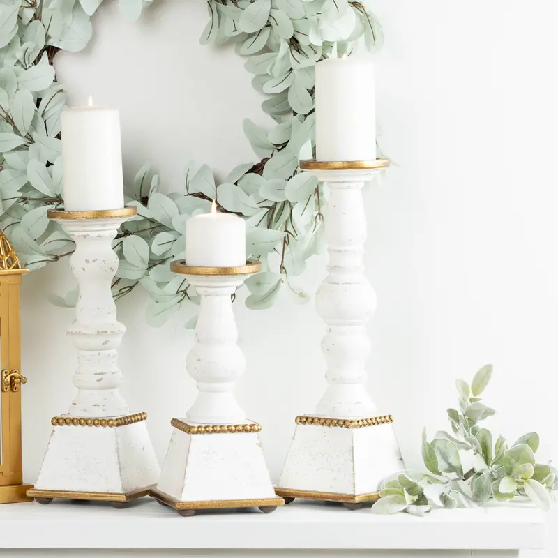 Antique-White Wooden Pillar Candle Set