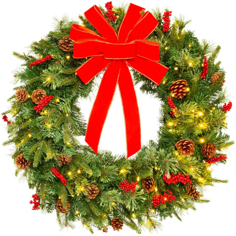 Battery-Powered Pre-Lit Christmas Wreath with PVC Branch Tips and Festive Ribbon