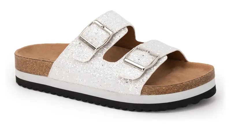 Beach Babe Glitter-Embellished White Slide Sandals