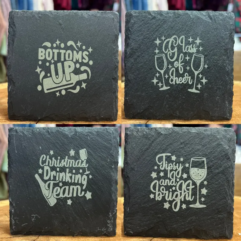 Beverage-Inspired Slate Coasters with Drink Sayings – 4-Pack