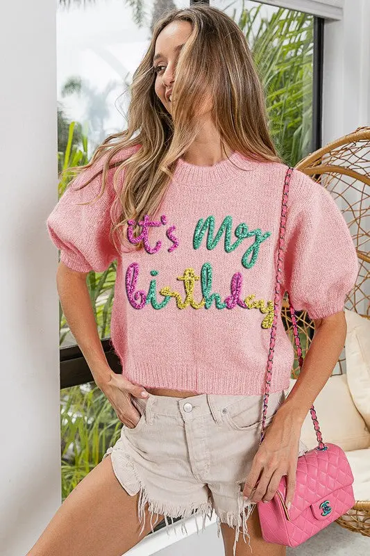 Birthday-Themed Fuzzy Sweater – Metallic ‘It’s My Birthday’ Detail & Puff Sleeves
