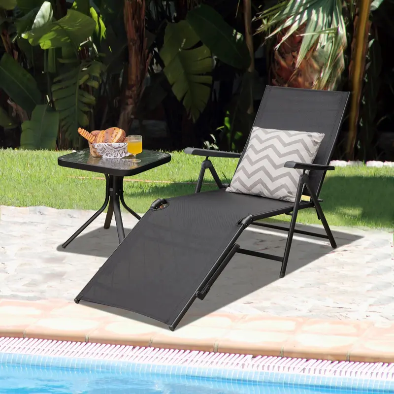Black Folding Chaise Lounge Chair – Adjustable Backrest & Footrest for Patio Relaxation