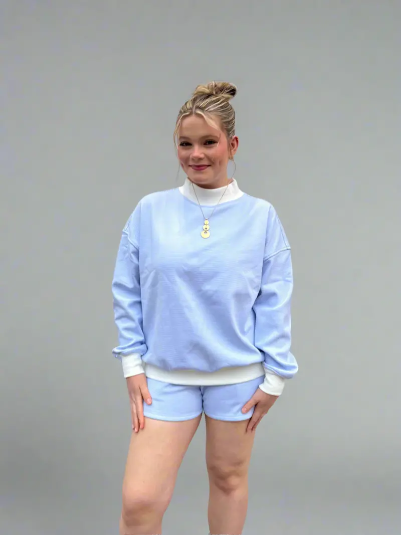 Blue-and-White Mini Striped Mockneck Sweatshirt – Fall Layering Top
