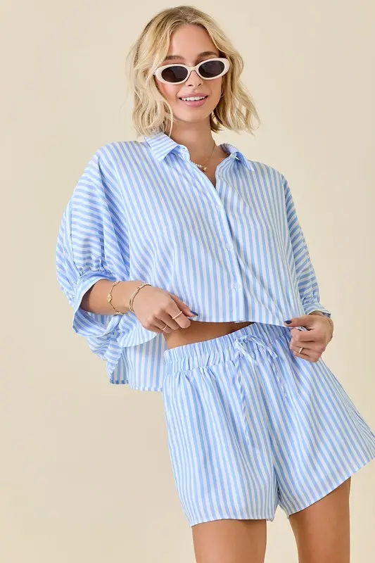 Blue Striped Cropped Shirt Featuring Day and Moon Motif