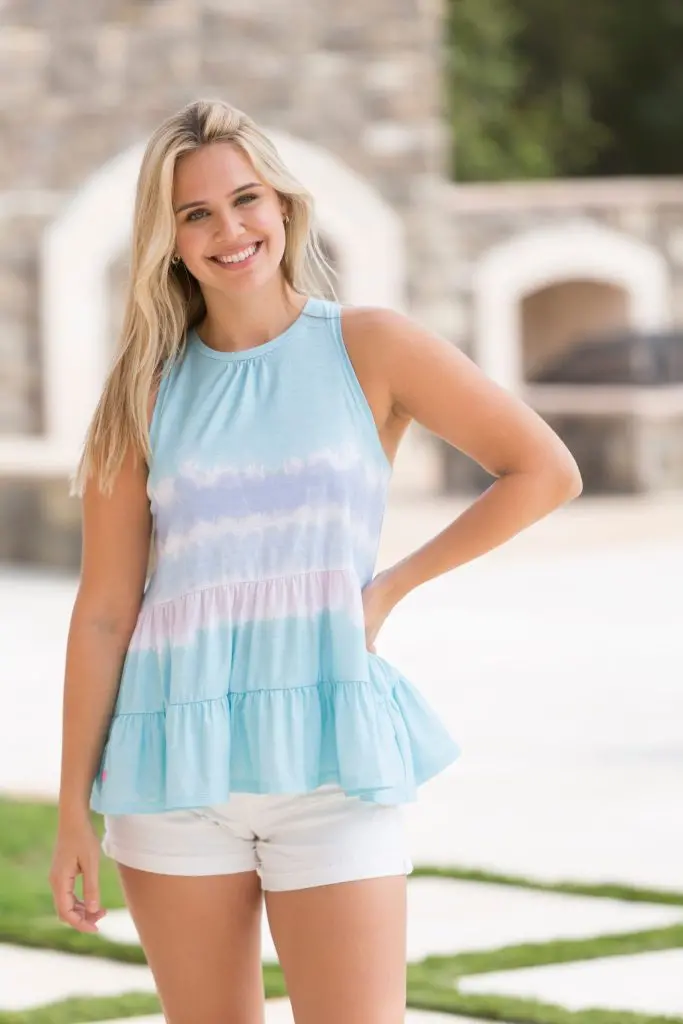 Blue Tie-Dye Gathered Tank Top