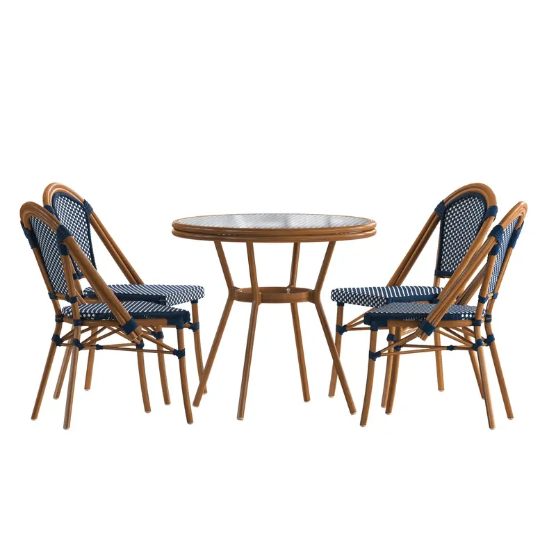 Bordeaux Bistro Table & Chair Set – 31.5 in Glass Top, PE Rattan Base + 4 Stack Chairs