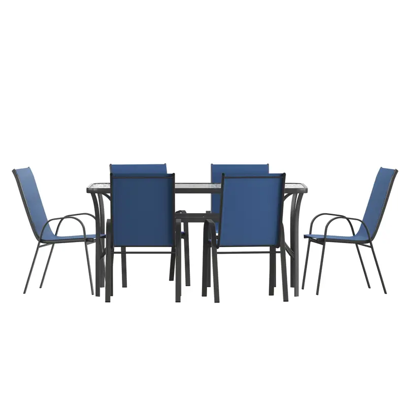 Brazos 7-Piece Patio Set: Tempered Glass Table + 6 Flex-Comfort Adirondack Seats