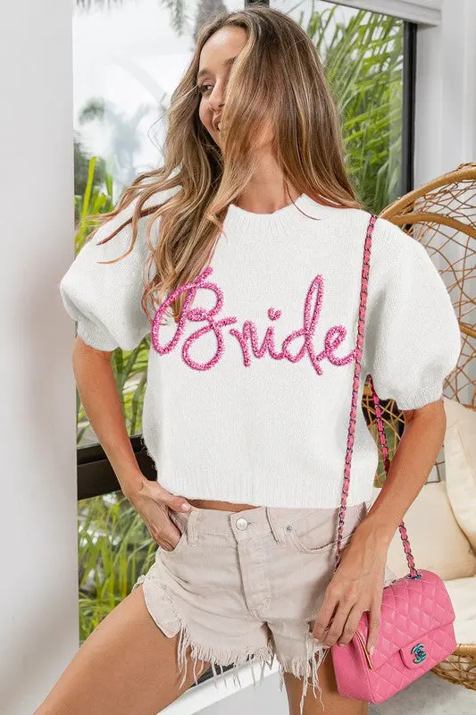 Bride-Themed Fuzzy Sweater – Metallic ‘Bride’ Lettering & Puff Sleeves