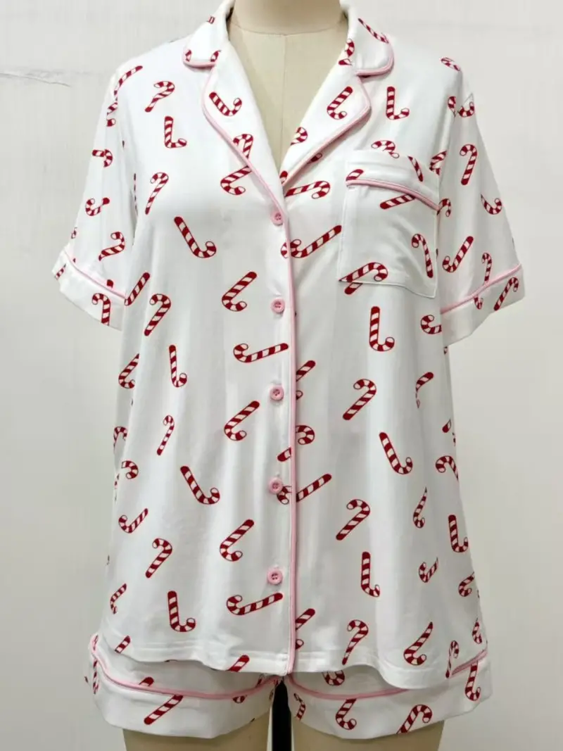 Candy Cane Print Short-Sleeve Pajama Top – Festive Loungewear
