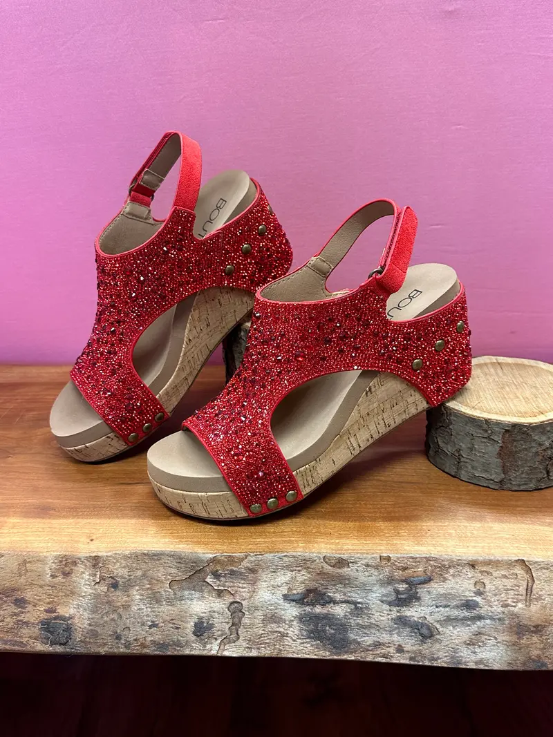 Corkys Ashley Red Rhinestone Accent Wedge Sandals