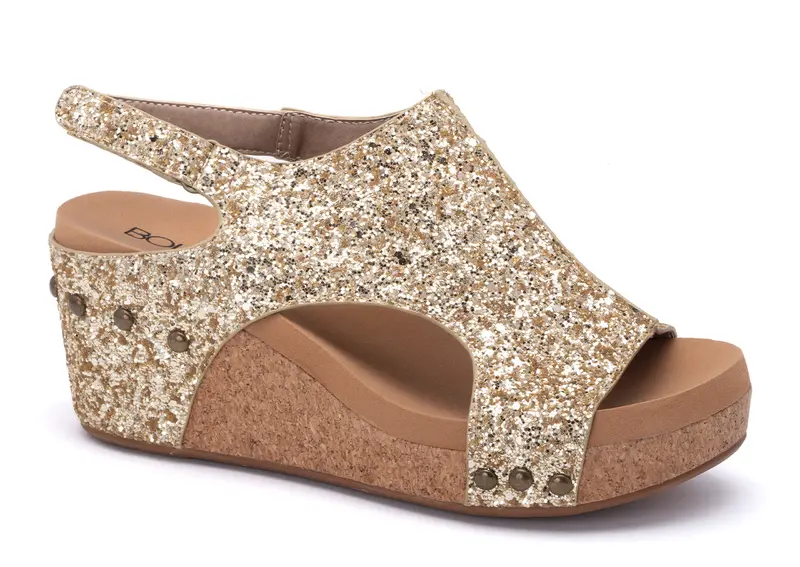 Corkys Carley Gold Glitter Wedge Sandals – Shimmer Finish