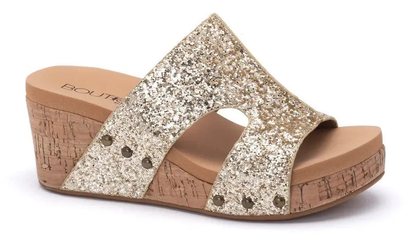 Corkys Oasis Glitter-Finished Gold Wedge Sandals
