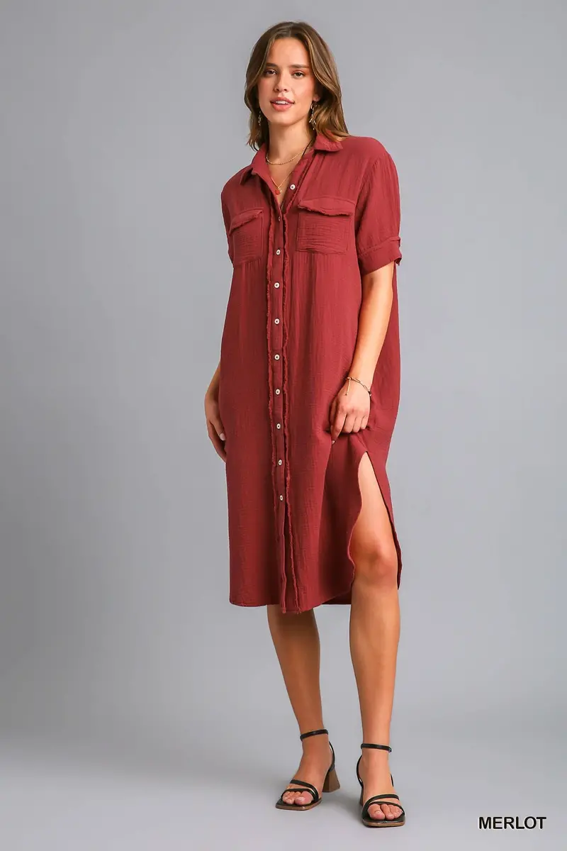 Cotton Gauze Button-Front Midi Dress