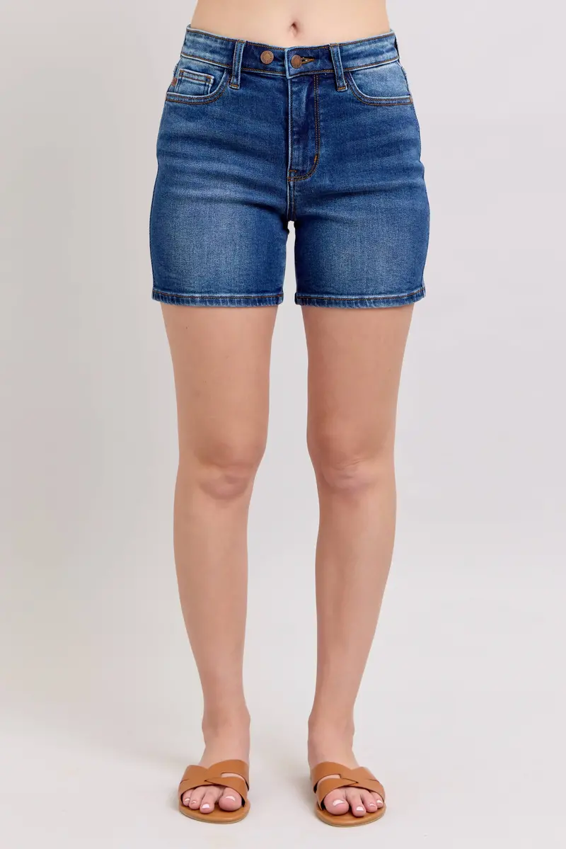 Dark Wash High-Waist Mid-Length Dad Shorts with Dual Buttons