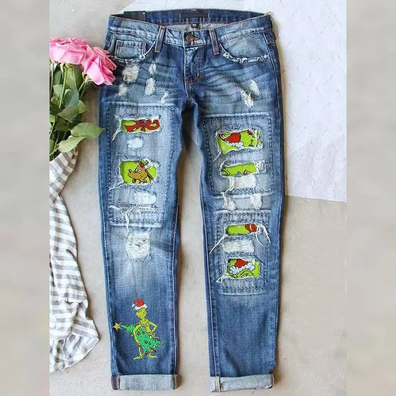Distressed Dark Blue Straight-Leg Jeans – Festive Holiday Denim