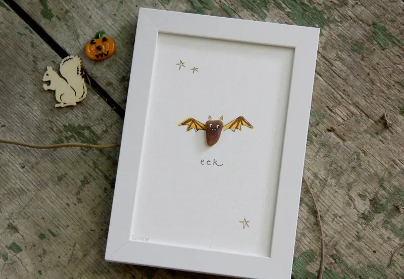 Eek Bat Sea Glass Art – Framed Spooky Halloween Wall Decor