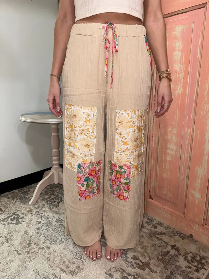 Floral Patchwork Knit Wide-Leg Pants