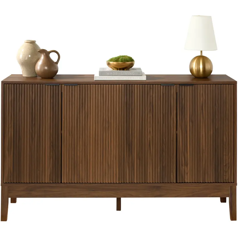 Four-Door Reeded Accent Cabinet – Stylish Sideboard with Textured Woodgrain Finish