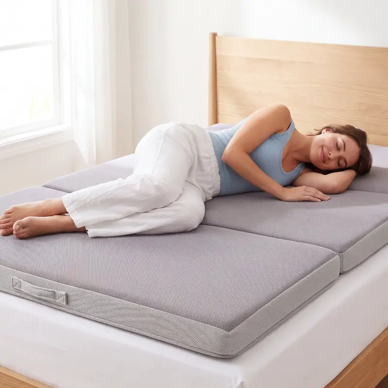 Four-Inch Tri-Fold Portable Mattress Topper in Soft Gray with Pressure-Relieving Foam Core