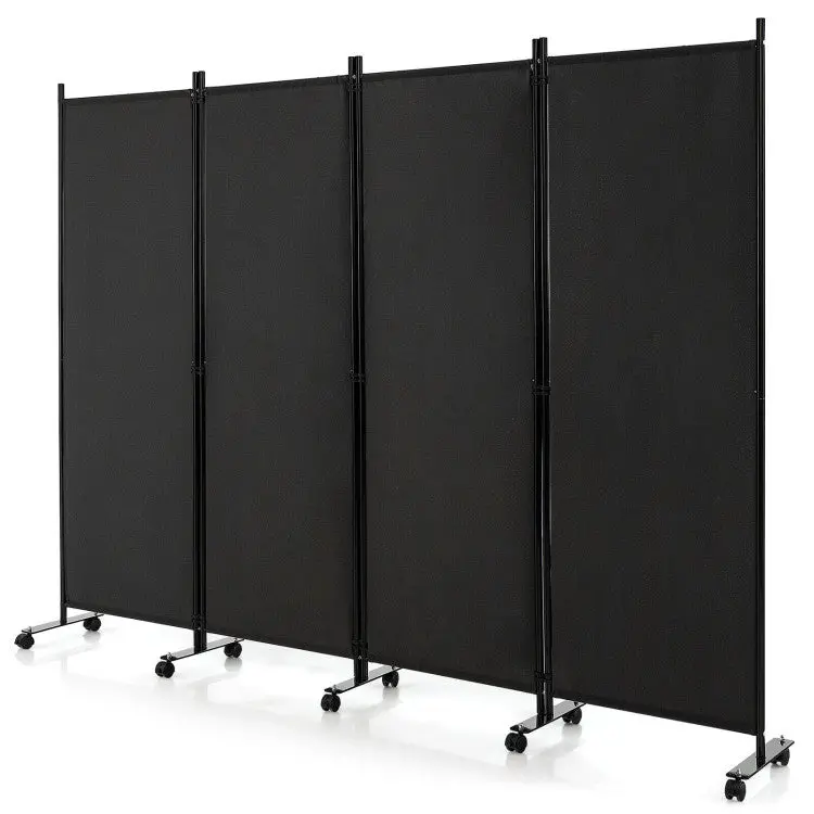 Four-Panel Rolling Privacy Screen – 6-Foot Height with Locking Casters – Matte Black