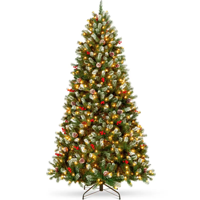 Frosted Spruce Pre-Lit Christmas Tree with Pinecone and Berry Accents on Sturdy Metal Base