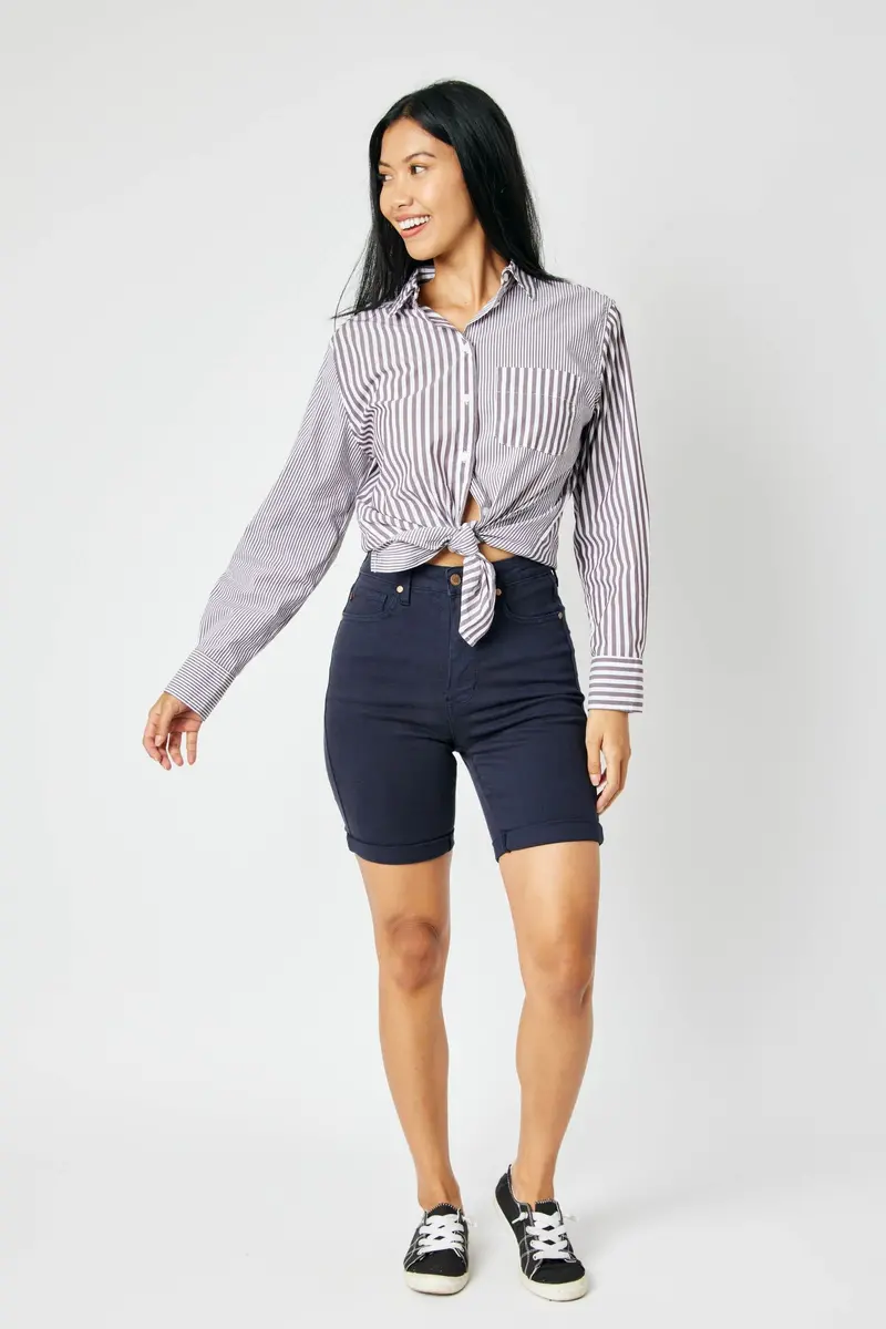 Garment-Dyed Navy Denim Bermuda Shorts with Tummy Control – Judy Blue (Regular & Plus)