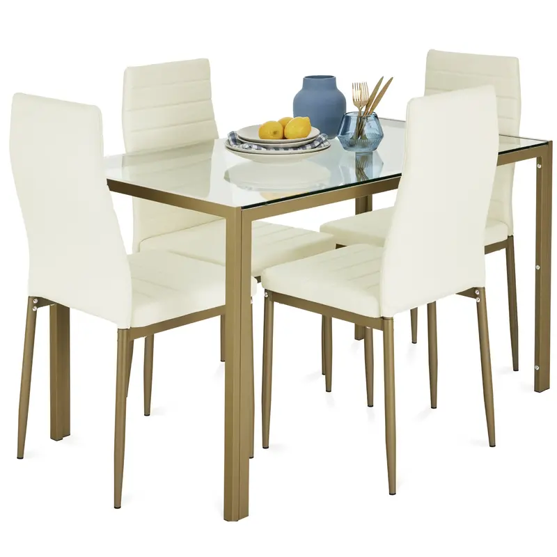 Glass-Top Dining Set – 5-Piece Modern Table and Leather-Upholstered Chair Ensemble