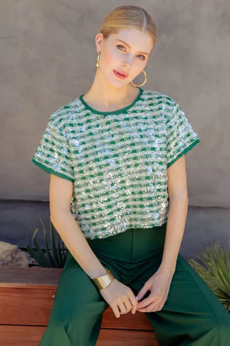 Glitter Sequin Crop Crewneck Top