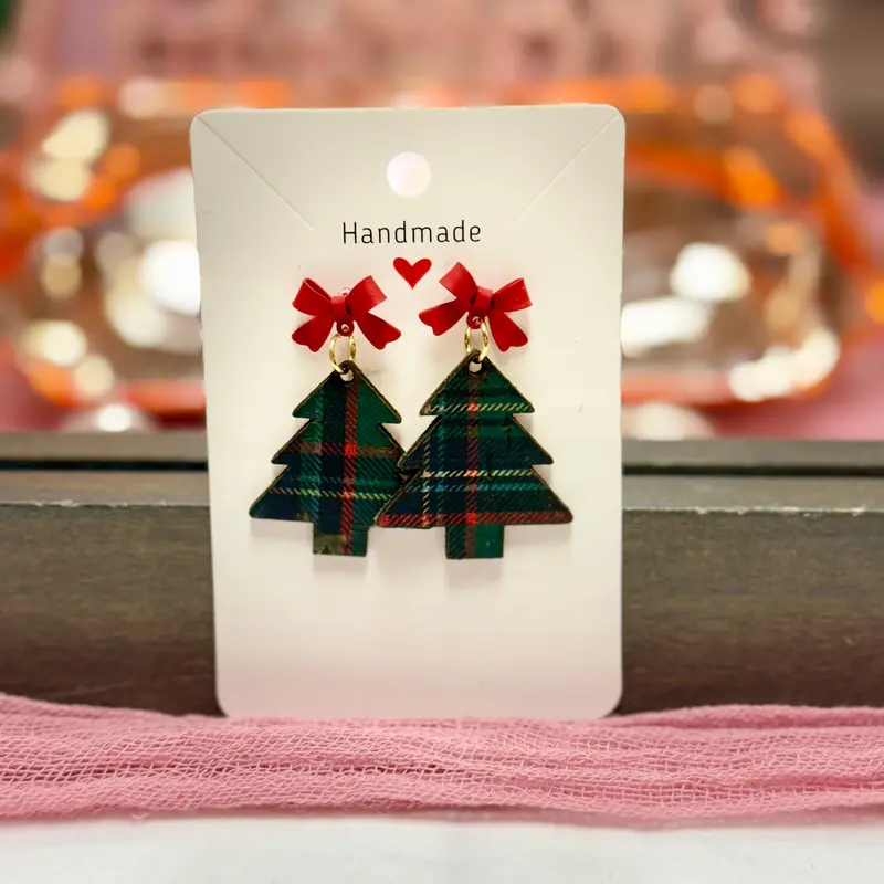 Green Tartan Christmas Tree Earrings with Bow Accent