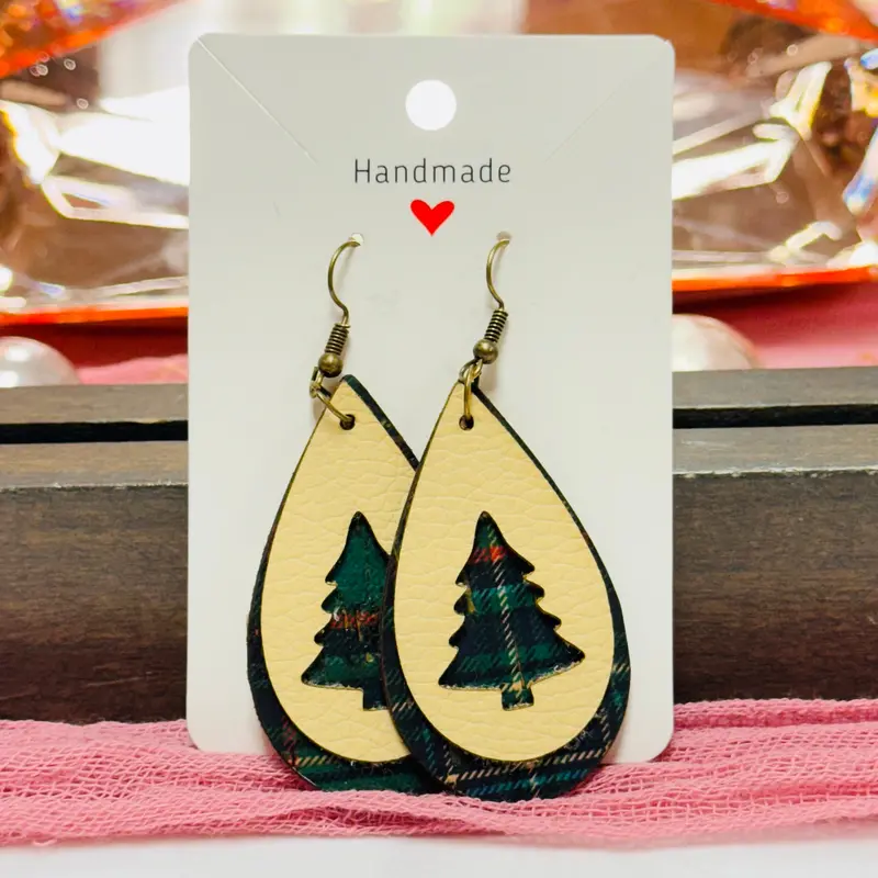 Green Tartan Tree-Shaped Cutout Earrings