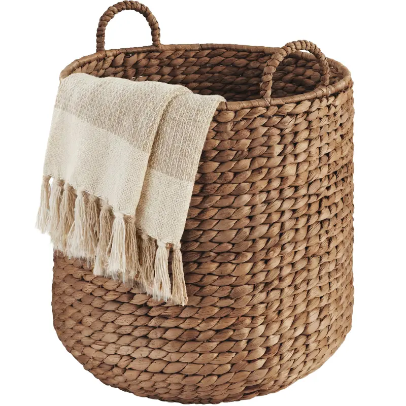 Handwoven Round Water Hyacinth Storage Basket with Reinforced Handles and Natural Texture