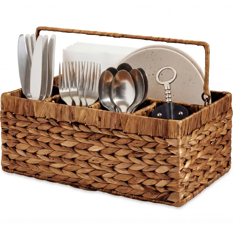 Handwoven Silverware Organizer with Carrying Handle – 5-Section Utensil Tray