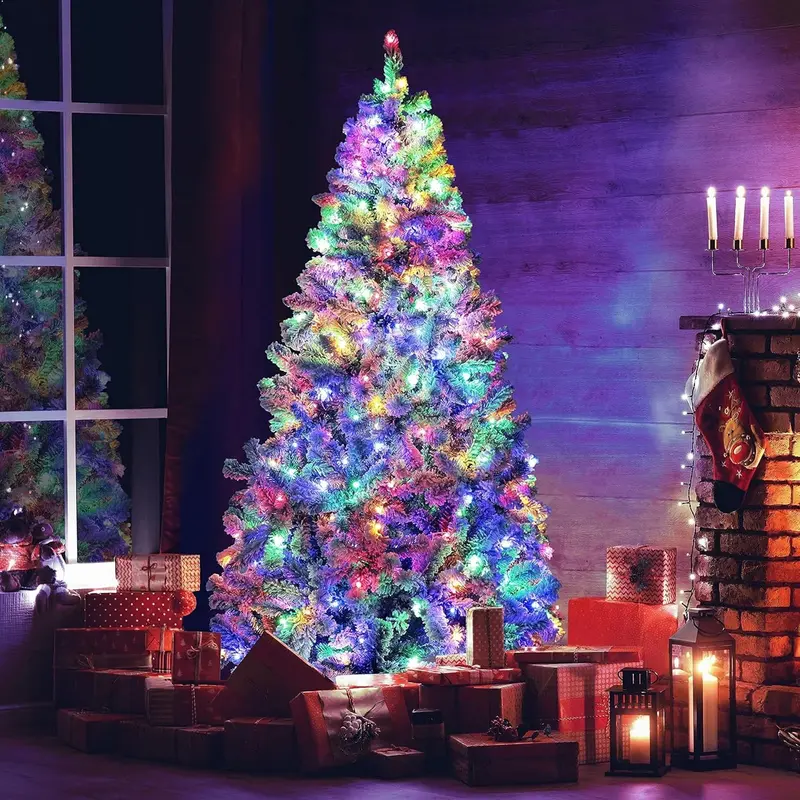 HONGGE 6-Foot Multi-Sequence Pre-Lit Flocked Tree – 250 Warm White & Color-Changing Lights, 9 Light Modes