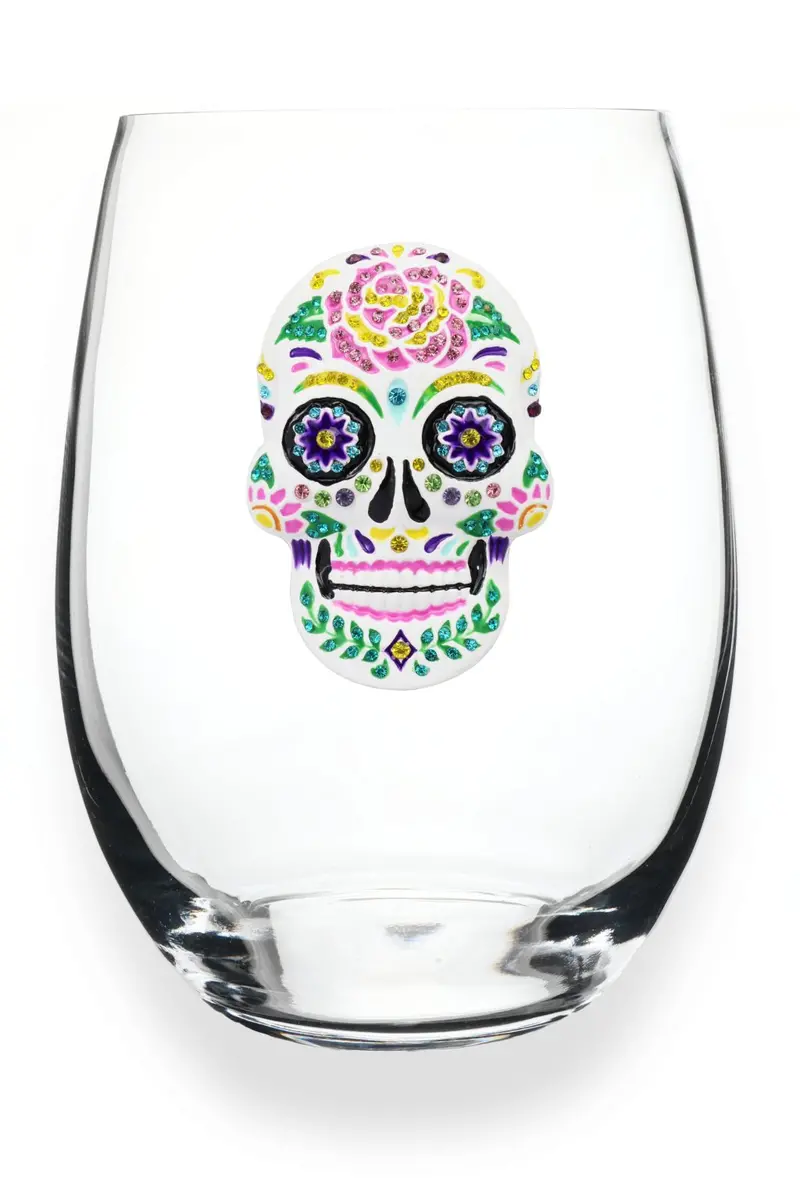 Jeweled Sugar Skull Stemless Wine Glass