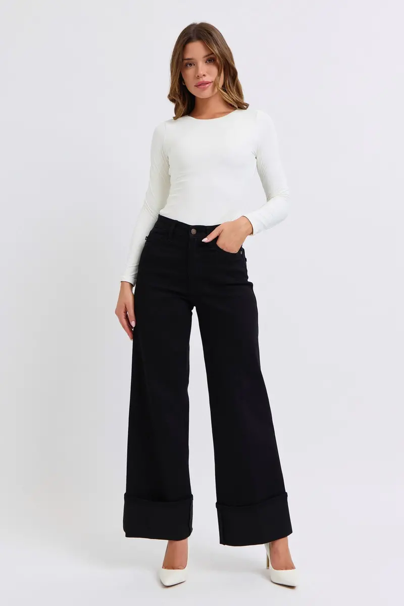 Judy Blue Black Retro Cuffed Wide-Leg Jeans – High-Rise Denim
