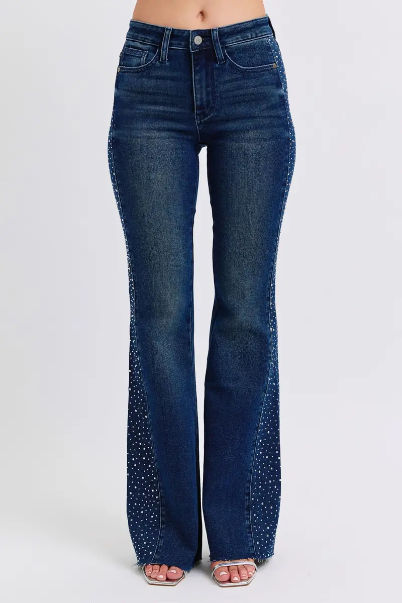 Judy Blue Dark Wash Rhinestone Flare Jeans – Mid-Rise Statement Style